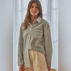 NWT Woven Cotton Gauze Long Sleeve Button Down Pinstripe Top